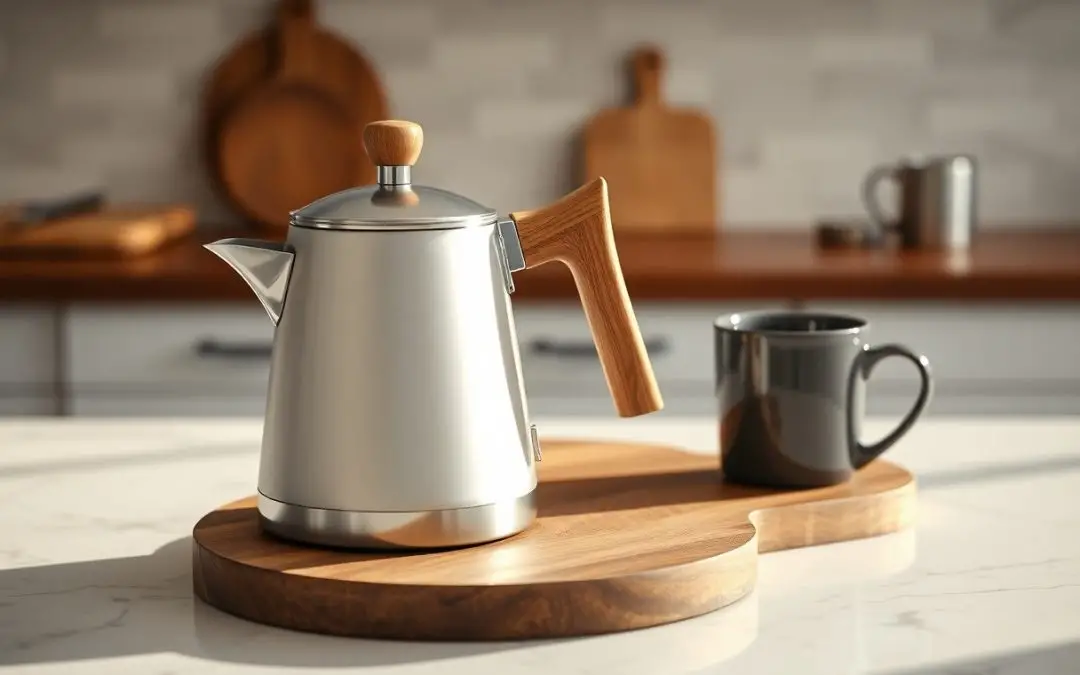 A stainless steel kettle with a wooden handle sits on a wooden board next to a black mug in a modern kitchen.