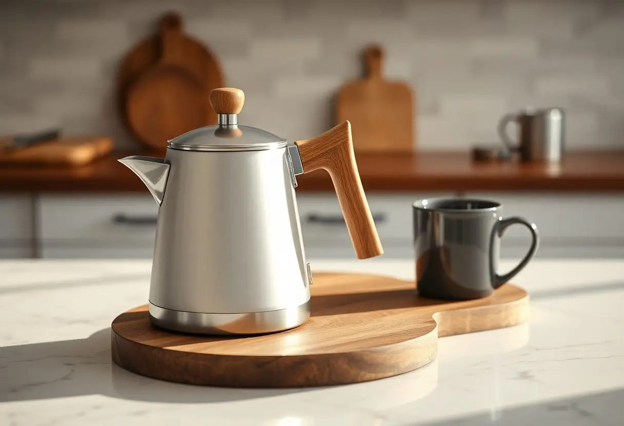 A stainless steel kettle with a wooden handle sits on a wooden board next to a black mug in a modern kitchen.