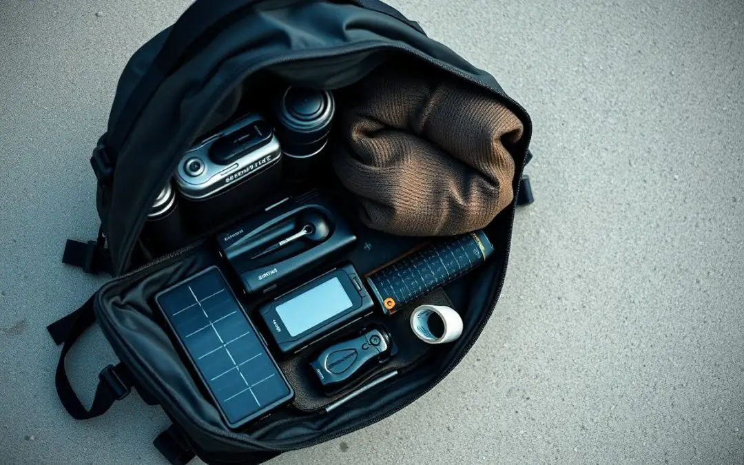 An open black backpack on the ground, containing a camera, two thermoses, a brown rolled cloth, a solar charger, electronics, and small gear items neatly arranged inside.