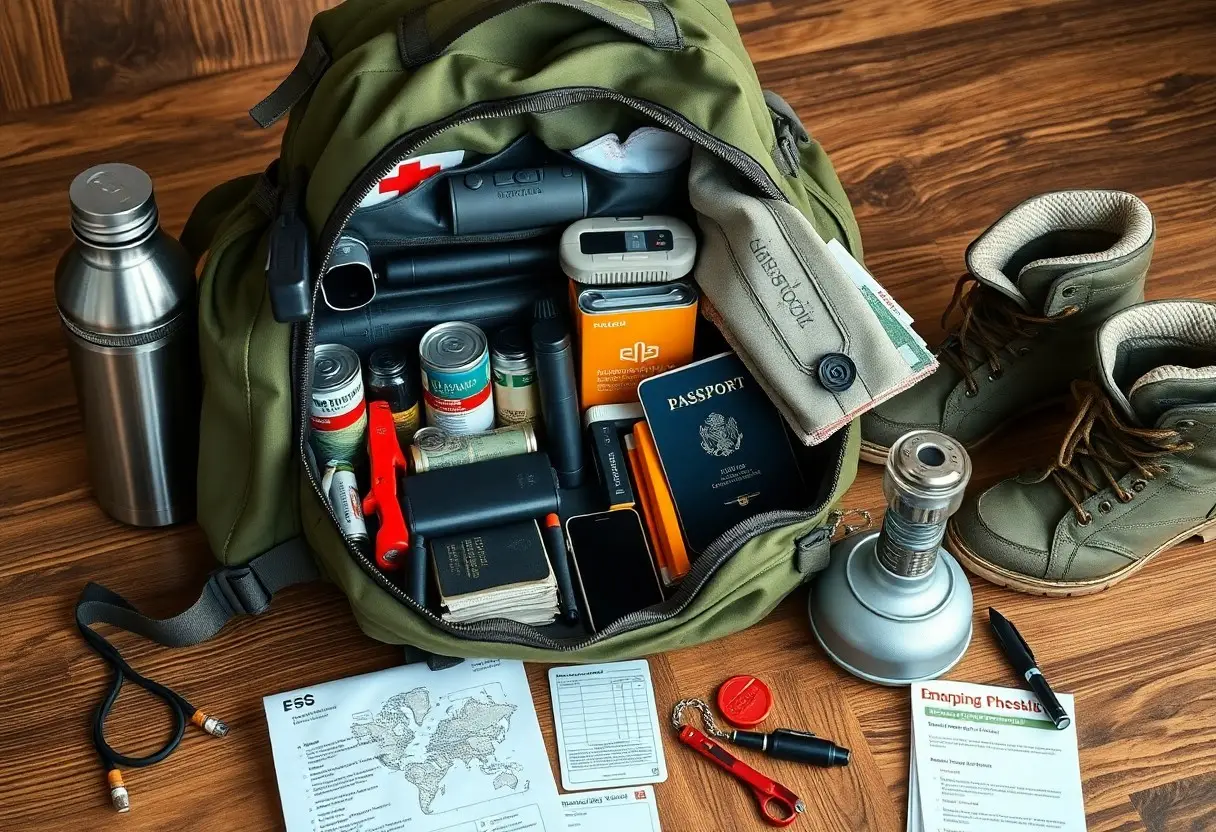 An open backpack displays travel and survival gear, including canned food, a passport, flashlight, tools, documents, a water bottle, boots, and emergency supplies arranged on a wooden floor.