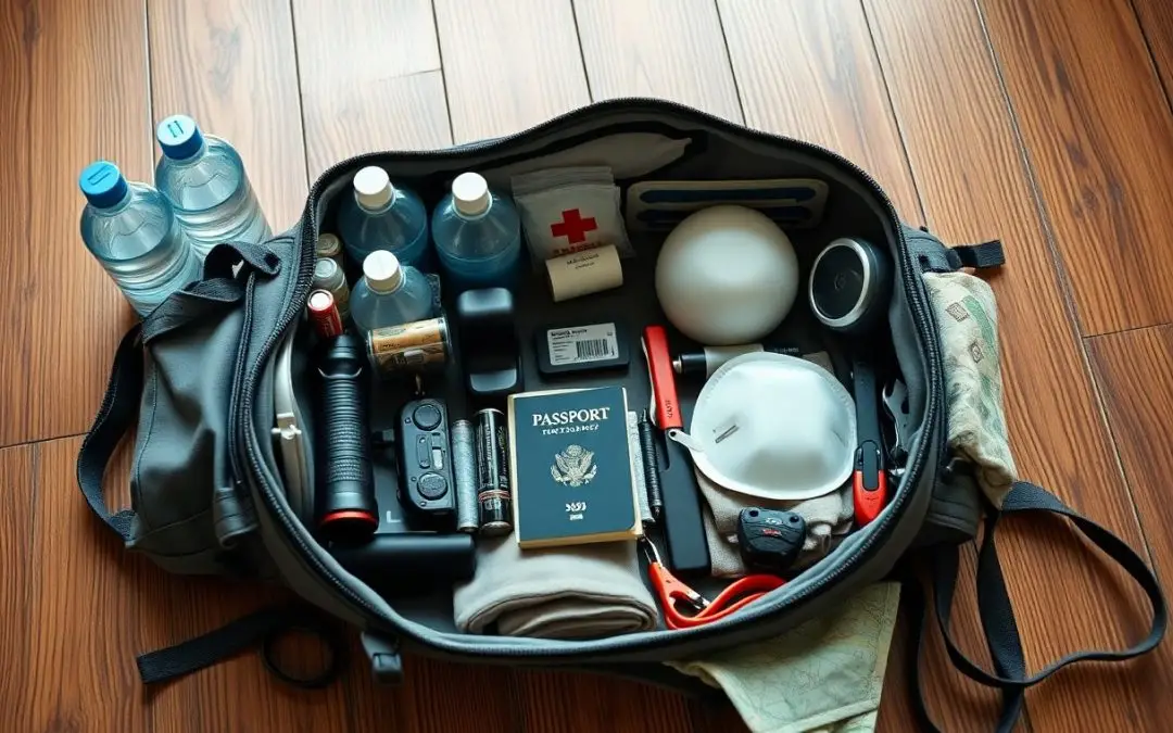 A duffel bag on a wooden floor contains water bottles, a passport, flashlight, face mask, first aid kit, canned food, gloves, a map, and various emergency supplies.