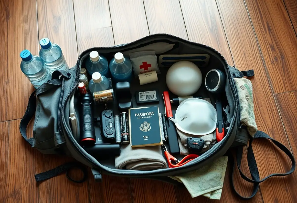 A duffel bag on a wooden floor contains water bottles, a passport, flashlight, face mask, first aid kit, canned food, gloves, a map, and various emergency supplies.