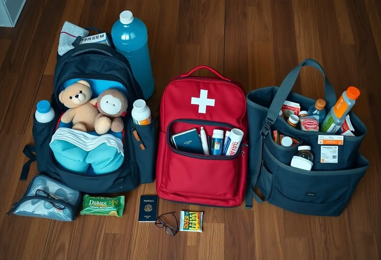 Three bags with emergency supplies on a wooden floor, including stuffed toys, water bottles, first aid kit, medications, toiletries, snacks, glasses, and passports.