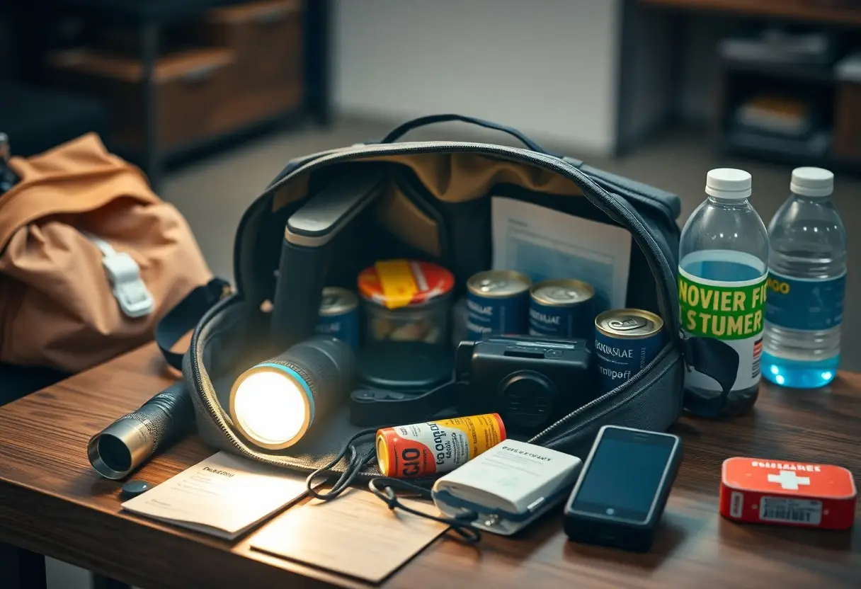 An open emergency kit bag on a table contains a flashlight, canned food, bottled water, a camera, batteries, a phone, first aid kit, and documents.