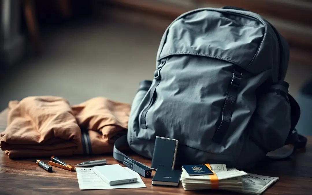 A gray backpack sits on a table beside folded clothes, a passport, travel documents, a pen, cash, and a power bank, suggesting preparations for a trip.