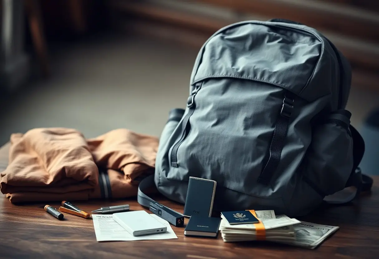 A gray backpack sits on a table beside folded clothes, a passport, travel documents, a pen, cash, and a power bank, suggesting preparations for a trip.