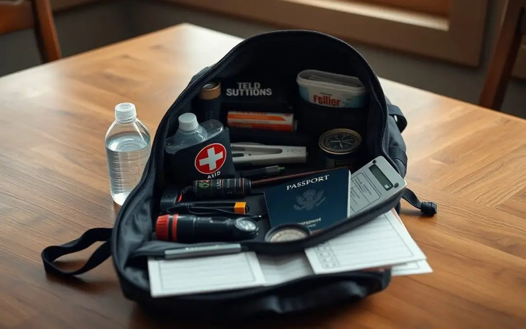 A backpack on a table contains a first aid kit, passport, flashlight, canned food, bottled water, notebook, and other emergency supplies.