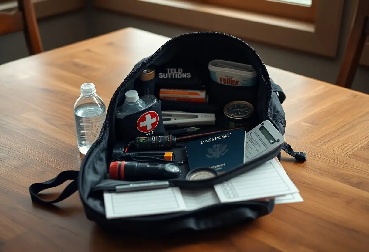 A backpack on a table contains a first aid kit, passport, flashlight, canned food, bottled water, notebook, and other emergency supplies.