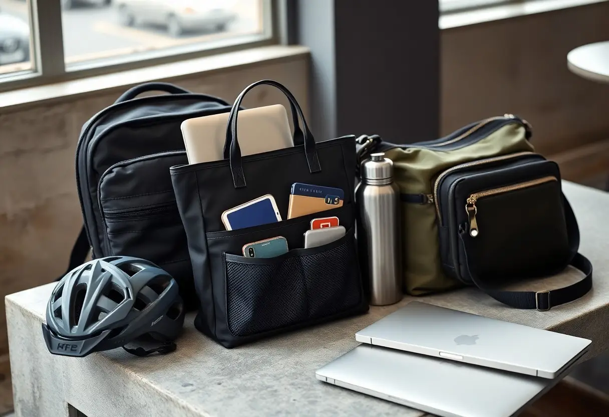 A backpack, tote, and crossbody bag with electronics and notebooks on a concrete table, alongside a bike helmet, water bottle, and closed laptop near a window.