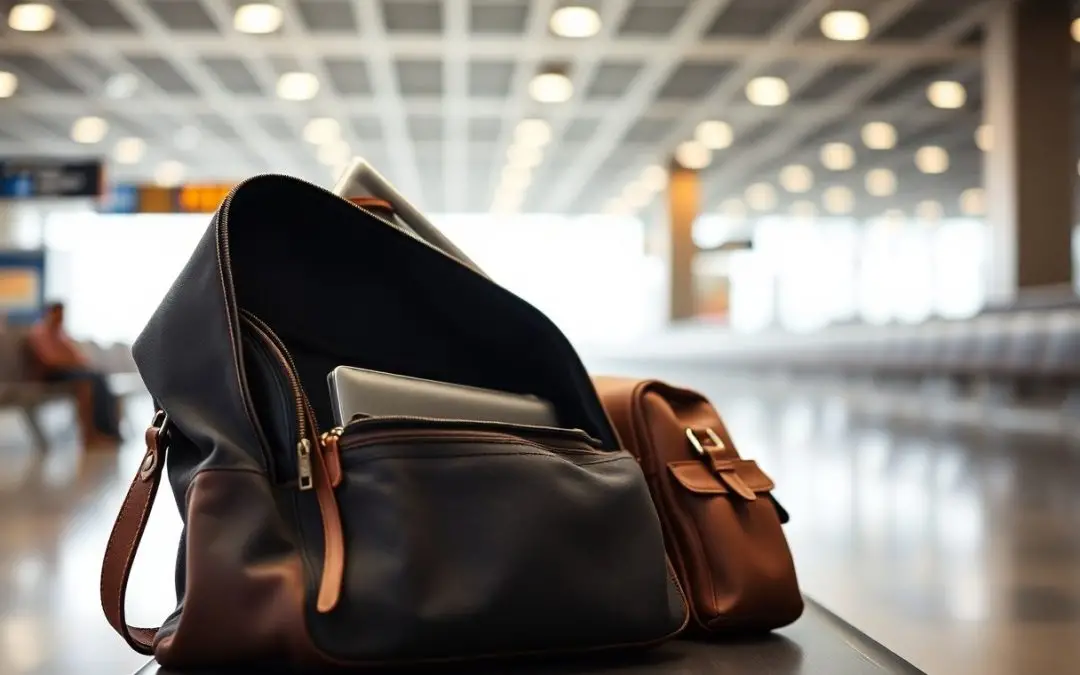 A leather bag with a laptop partially visible inside sits open on a table in an empty airport waiting area.