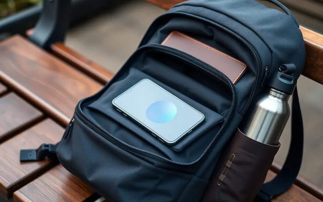 A black backpack on a wooden bench with a smartphone, a closed notebook in the main pocket, and a metal water bottle in the side pocket.