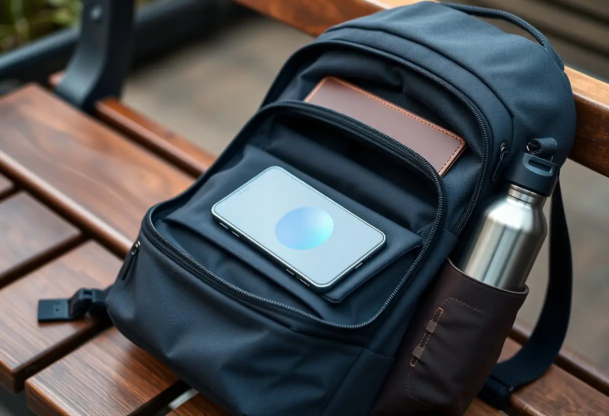 A black backpack on a wooden bench with a smartphone, a closed notebook in the main pocket, and a metal water bottle in the side pocket.