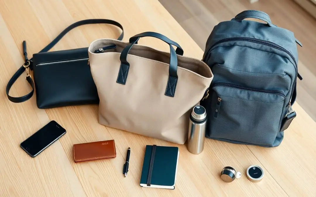 A black purse, beige tote bag, and gray backpack on a wooden table, with a water bottle, smartphone, wallet, notebook, pen, earbuds, and smart watch laid out in front.