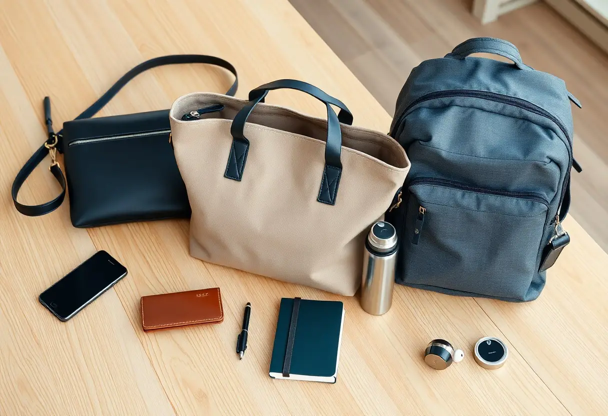 A black purse, beige tote bag, and gray backpack on a wooden table, with a water bottle, smartphone, wallet, notebook, pen, earbuds, and smart watch laid out in front.