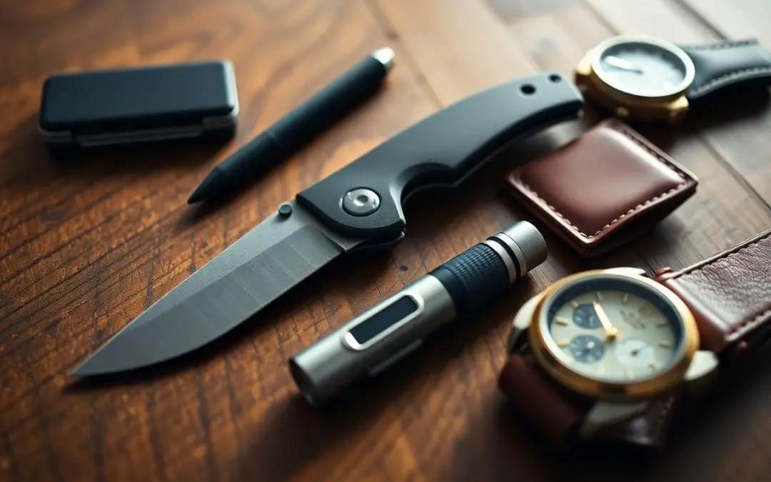 A pocket knife, pen, lighter, wallet, and two wristwatches are arranged on a wooden surface.