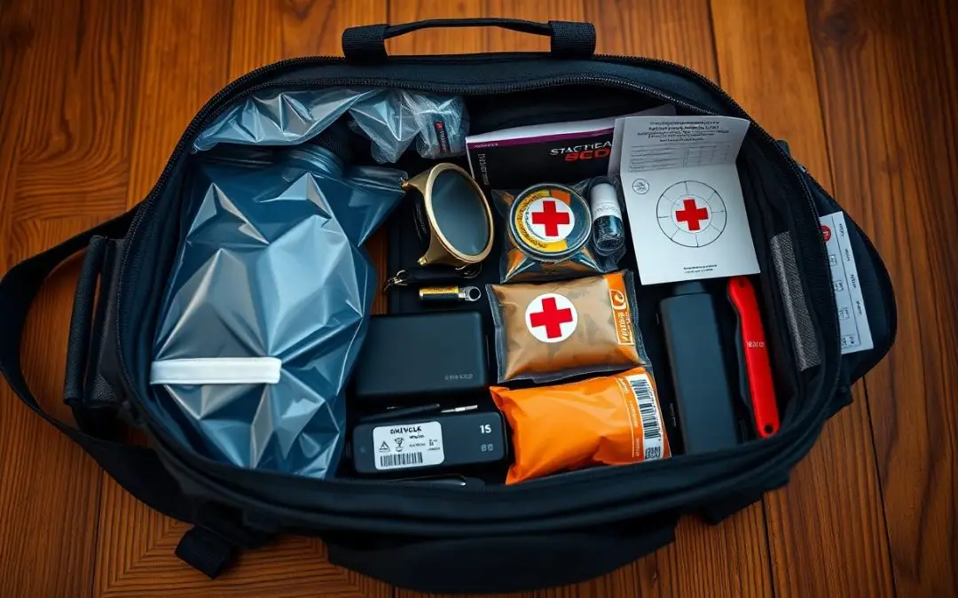 A black emergency kit bag on a wooden surface, containing medical supplies, a water pouch, flashlight, batteries, and a first aid manual.