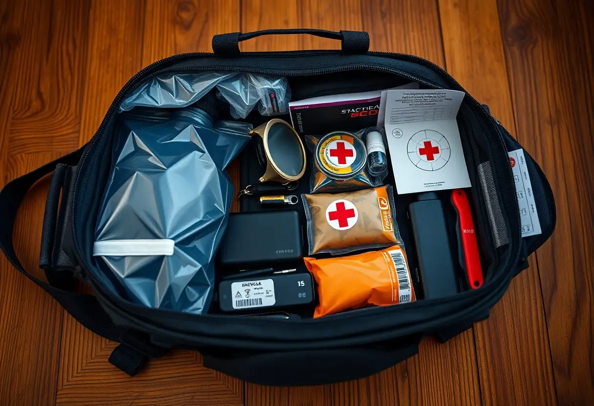 A black emergency kit bag on a wooden surface, containing medical supplies, a water pouch, flashlight, batteries, and a first aid manual.