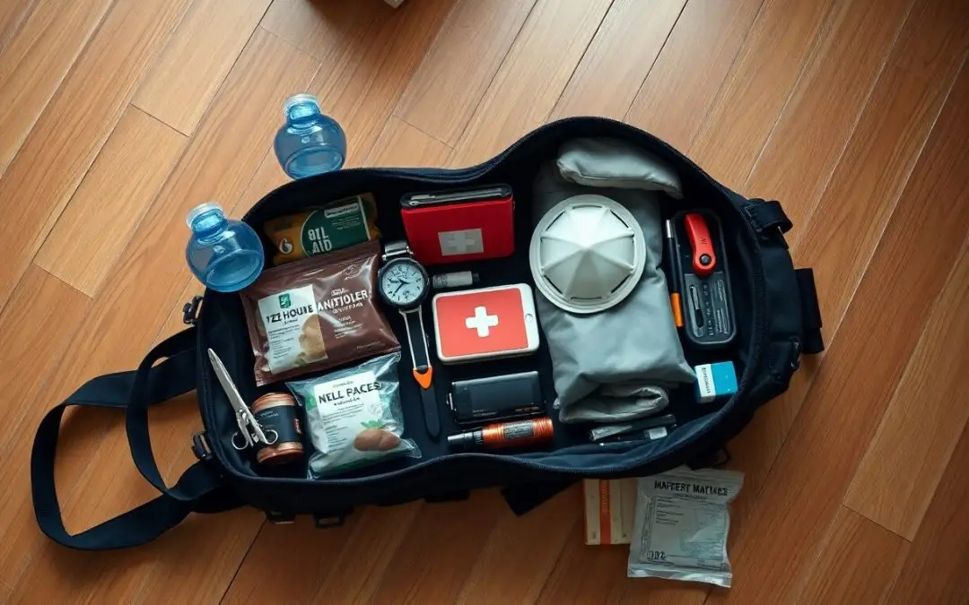 Open black duffel bag with emergency supplies, including water bottles, face mask, first aid kit, flashlight, snacks, multitool, scissors, and medicine, arranged on a wooden floor.