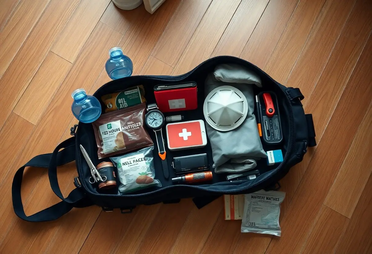 Open black duffel bag with emergency supplies, including water bottles, face mask, first aid kit, flashlight, snacks, multitool, scissors, and medicine, arranged on a wooden floor.