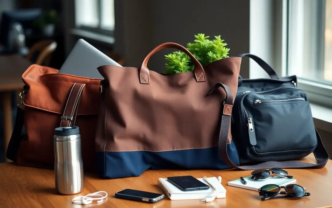 Three bags, a laptop, water bottle, smartphone, notebook, pen, sunglasses, earbuds, and a small potted plant are arranged on a wooden table near a window.