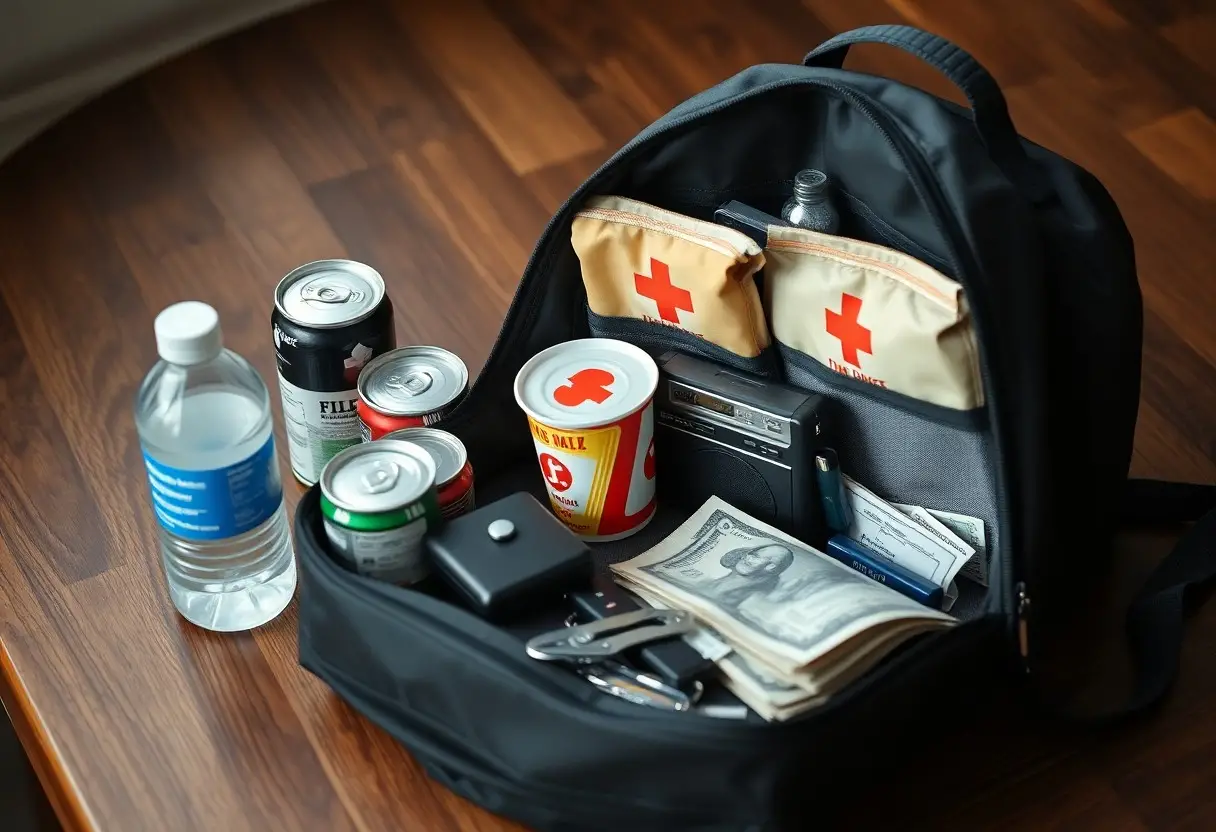 A backpack containing first aid kits, canned food, a water bottle, cash, a flashlight, and a multitool, arranged on a wooden surface.