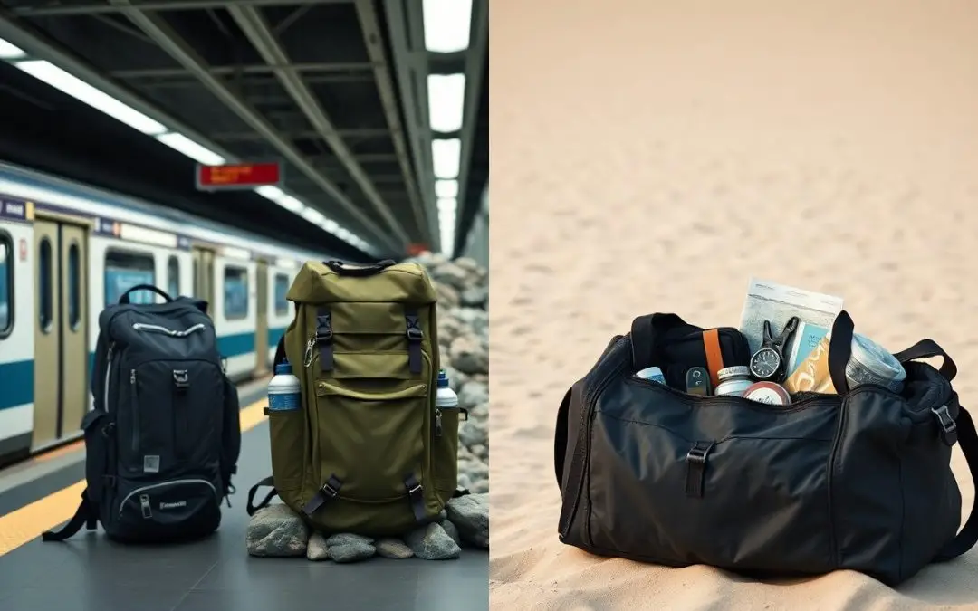 Split image: Left side shows two backpacks on a subway platform; right side shows a duffel bag filled with travel items placed on sandy ground.
