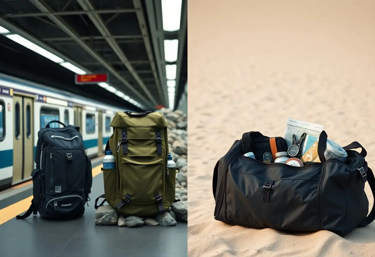 Split image: Left side shows two backpacks on a subway platform; right side shows a duffel bag filled with travel items placed on sandy ground.