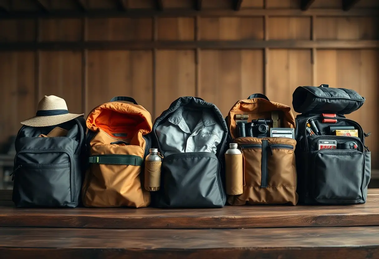Five backpacks, some open to reveal contents like water bottles, cameras, and snacks, are lined up on a wooden table with a hat resting on the leftmost bag.