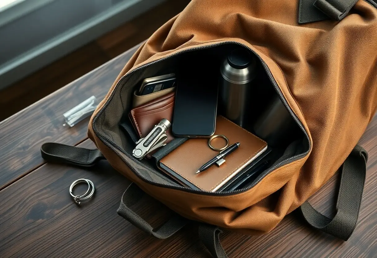 An open brown backpack on a table contains a smartphone, wallet, pen, notebook, multitool, keyring, ring, metal water bottle, and a USB drive.