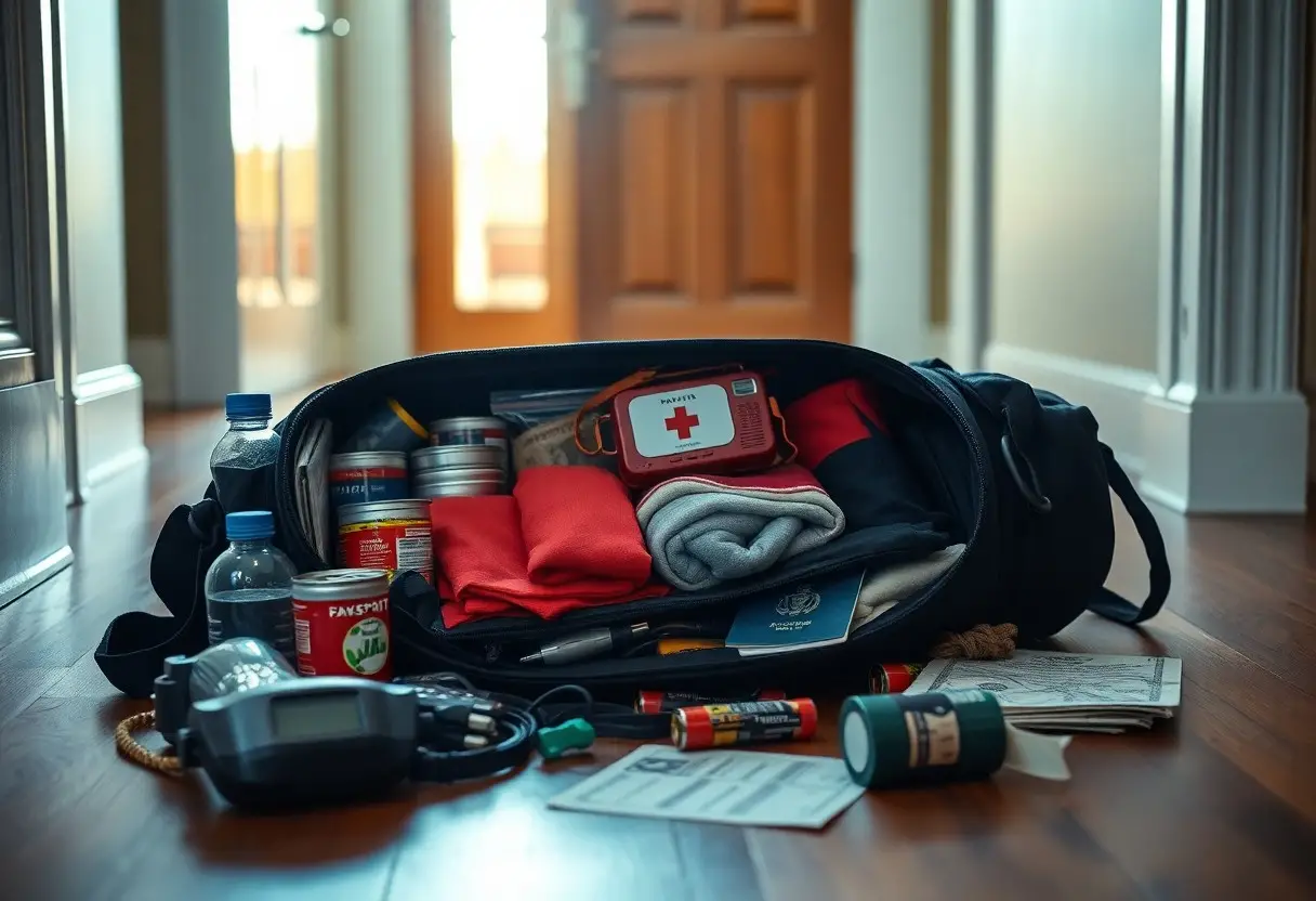 A duffel bag filled with emergency supplies, including water, first aid kit, flashlight, batteries, canned food, documents, clothing, and a radio, sits open on a hallway floor.