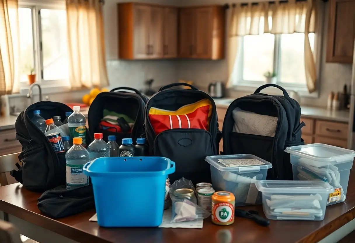 Three backpacks, bottled drinks, a blue plastic bin, and various food containers are arranged on a kitchen table in a brightly lit kitchen.