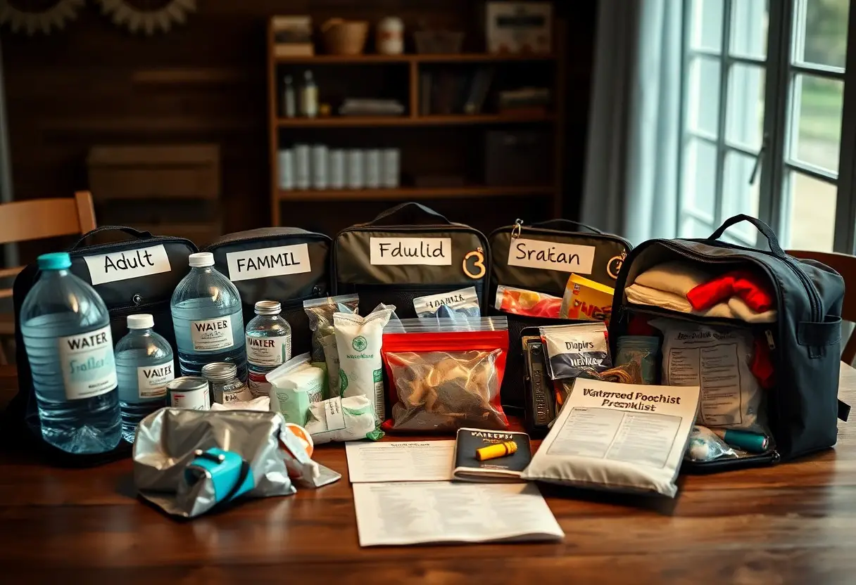 Emergency preparedness kits labeled for adult, family, children, and seniors are displayed on a table with water bottles, food, blankets, flashlights, and checklists.