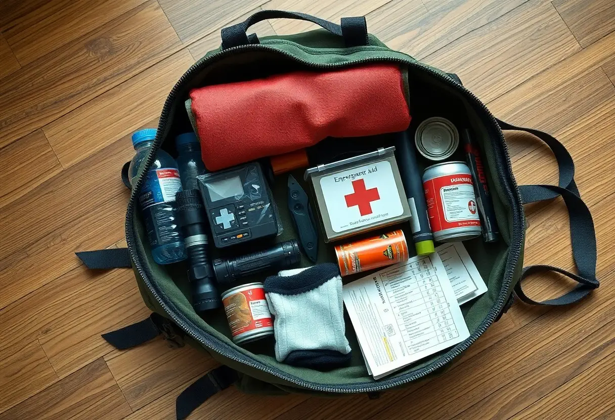 An open bag on a wooden floor containing emergency supplies such as a first aid kit, bottled water, canned food, radio, flashlight, blanket, batteries, and a checklist.