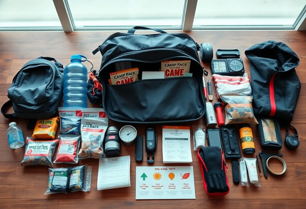 A flat lay of emergency supplies and equipment, including bags, water, food, first aid, flashlight, radio, gloves, hygiene items, documents, and survival tools, arranged on a wooden surface.