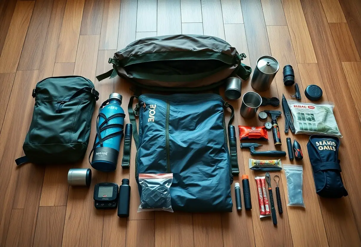 A neatly arranged flat lay of outdoor gear including a backpack, water bottles, jacket, tools, gloves, cup, snacks, and small electronics on a wooden floor.