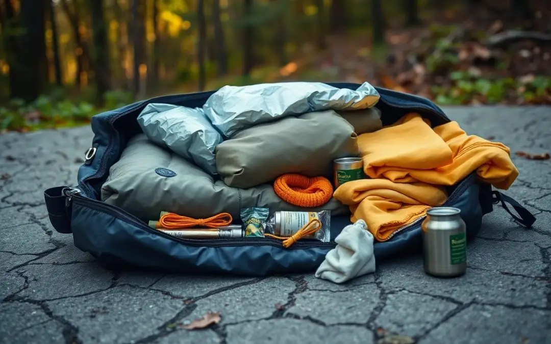 A duffel bag on a cracked pavement contains camping gear including clothes, canned food, rope, and small containers, with a forest in the background.