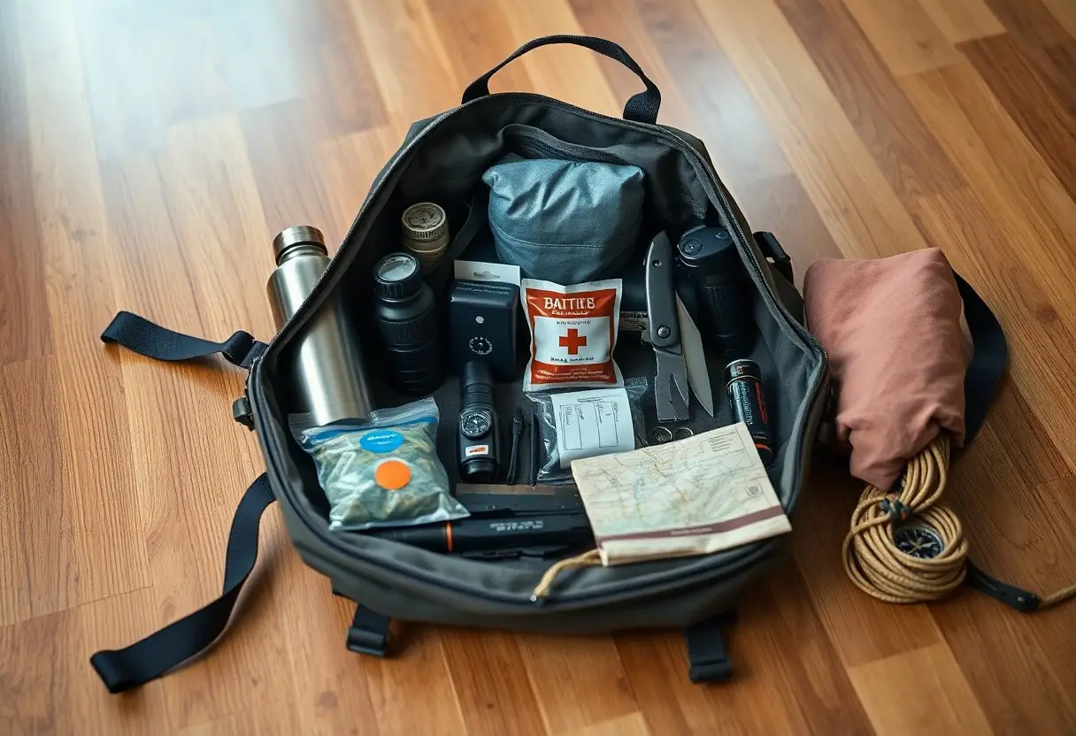 An open backpack on a wooden floor contains a water bottle, flashlight, first aid kit, rope, map, food, camera lens, and other outdoor survival gear.