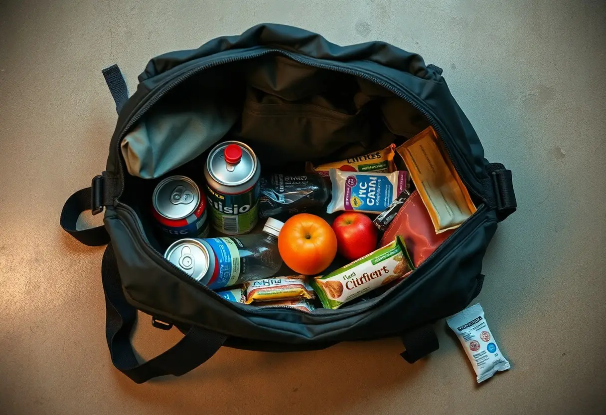 An open black bag containing canned drinks, bottled water, a tomato, an apple, packaged cheese, energy bars, and snacks on a light surface.
