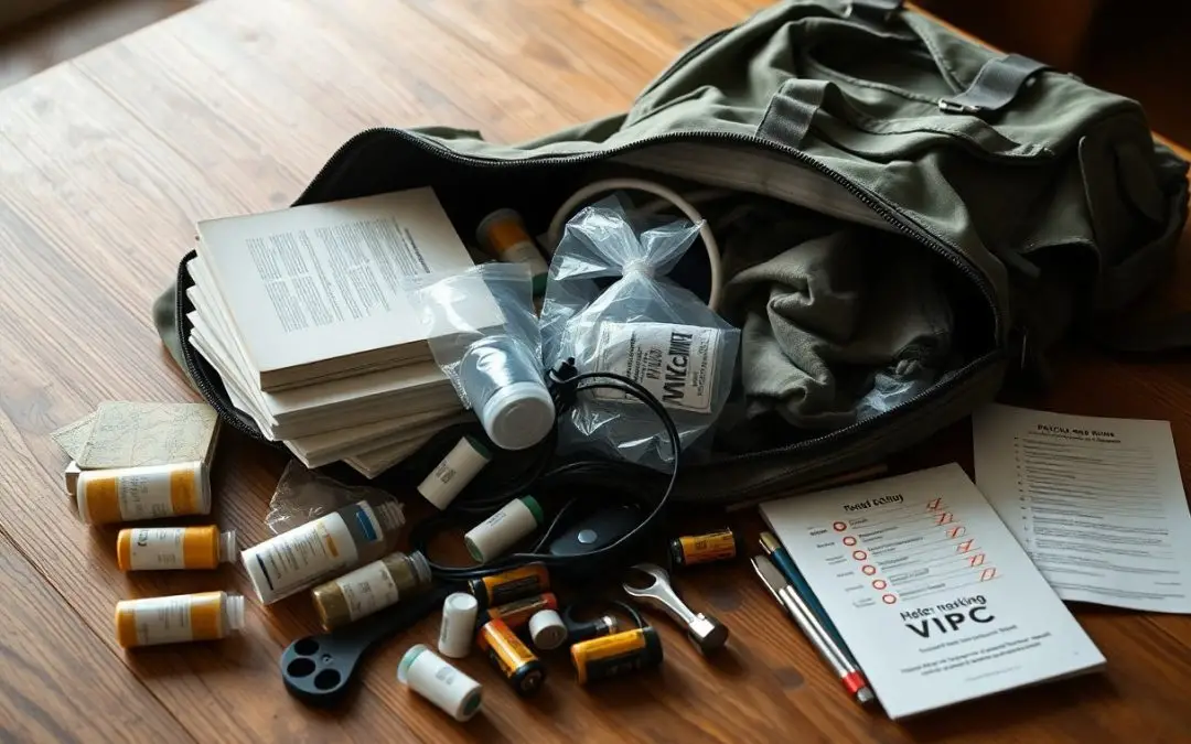 An open green bag on a wooden table with film rolls, documents, booklets, a plastic bag, and various small photography and writing items scattered around.