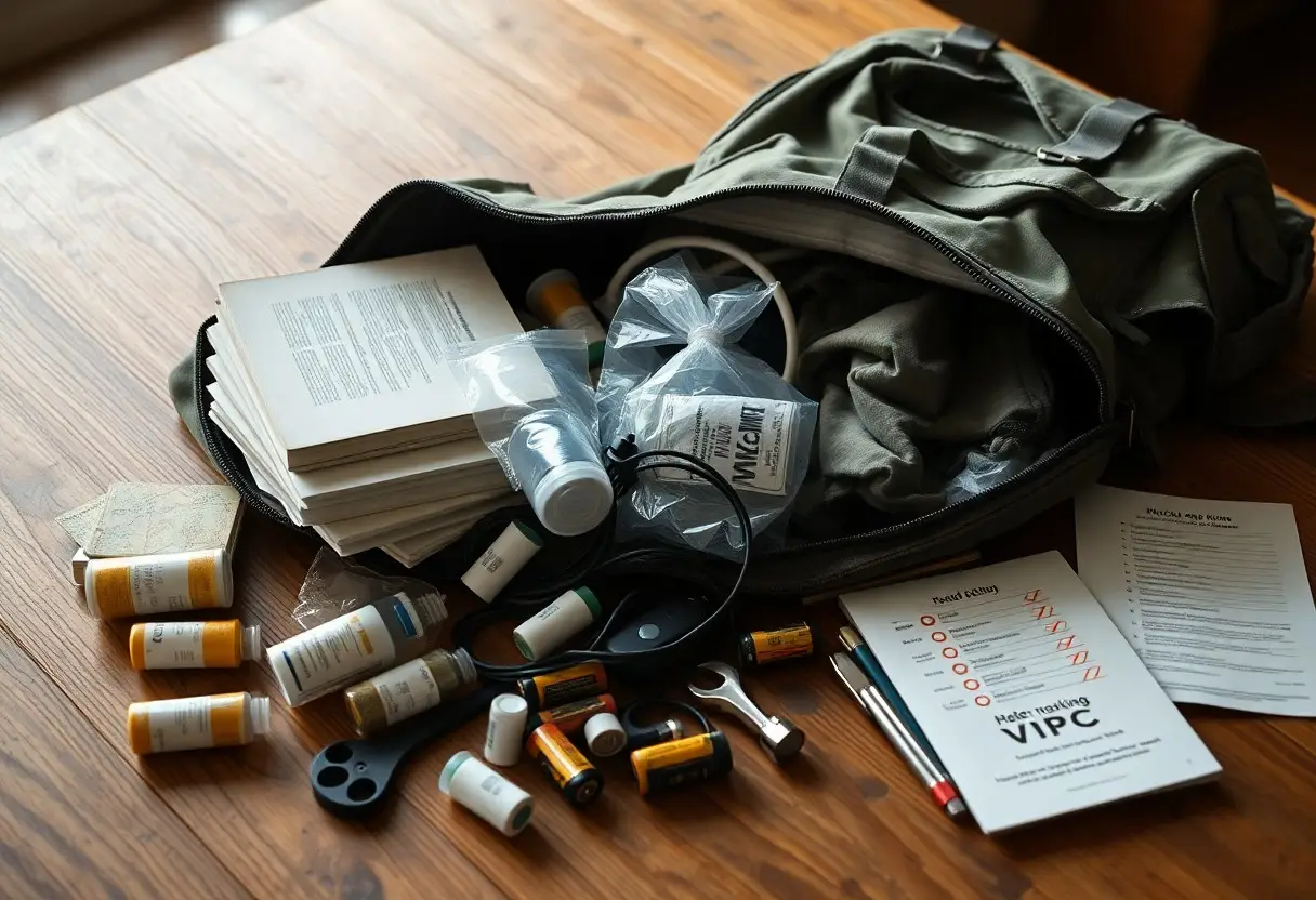 An open green bag on a wooden table with film rolls, documents, booklets, a plastic bag, and various small photography and writing items scattered around.