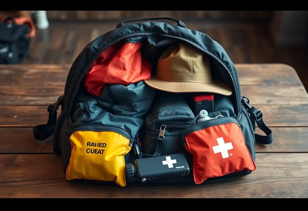 A packed emergency backpack sits on a wooden table, containing first aid kits, a tan hat, clothing, and various survival items.
