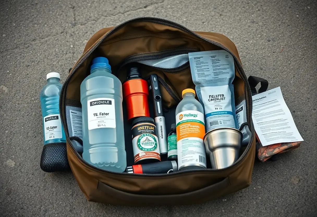 An open brown bag on pavement containing water bottles, a thermos, canned food, packaged meals, a cup, and instruction leaflets.