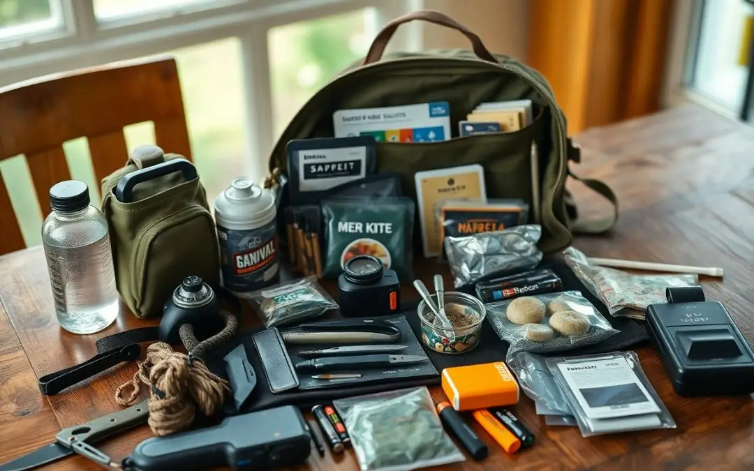 A bag and various survival gear items, including knives, snacks, water bottles, a flashlight, batteries, rope, and first aid supplies, are spread out on a wooden table by a window.