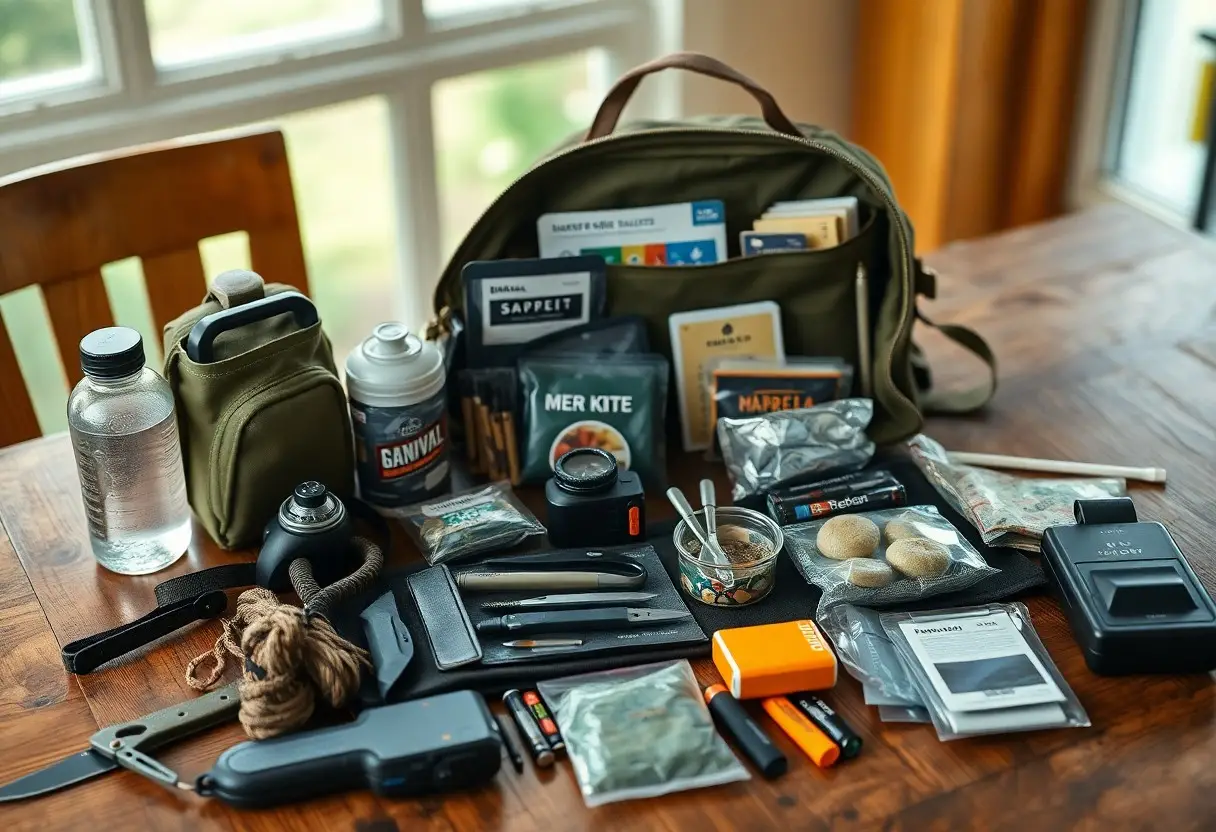 A bag and various survival gear items, including knives, snacks, water bottles, a flashlight, batteries, rope, and first aid supplies, are spread out on a wooden table by a window.
