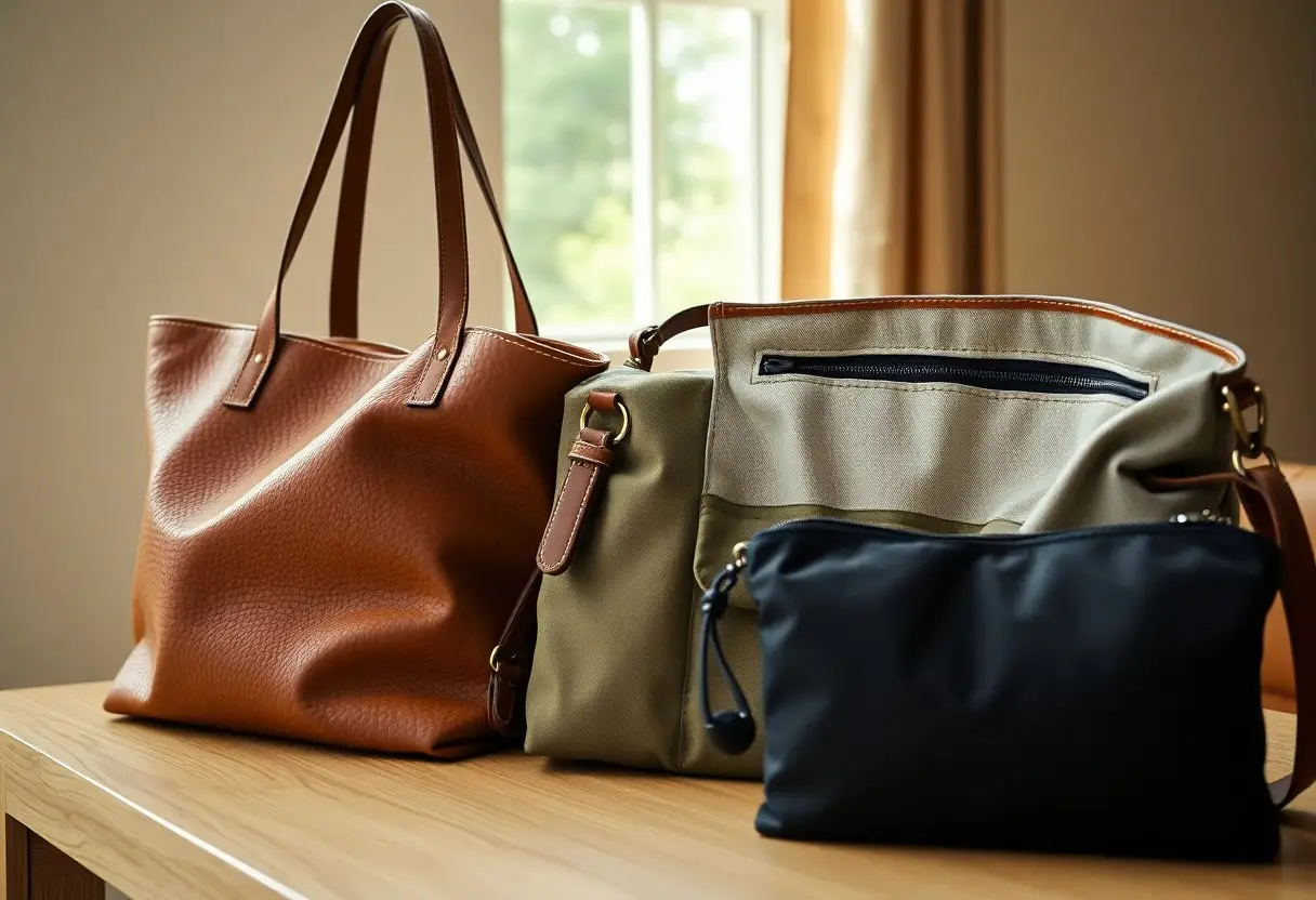 Three handbags—a brown tote, a khaki shoulder bag, and a small black pouch—are arranged on a wooden table near a window.