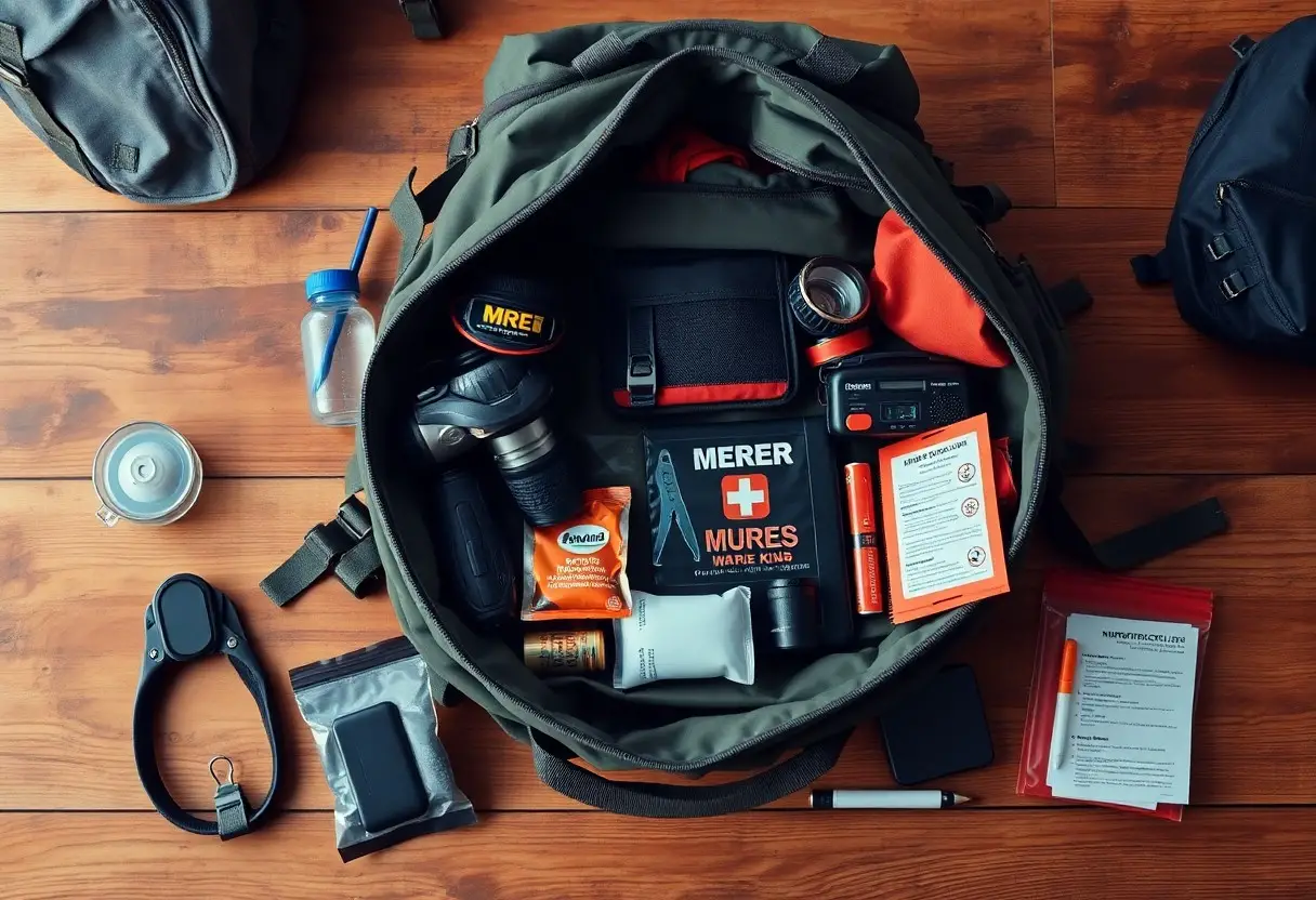 An open backpack on a wooden floor, containing camping and survival gear including first aid kit, flashlight, camera, snacks, water bottle, gloves, and various small tools.