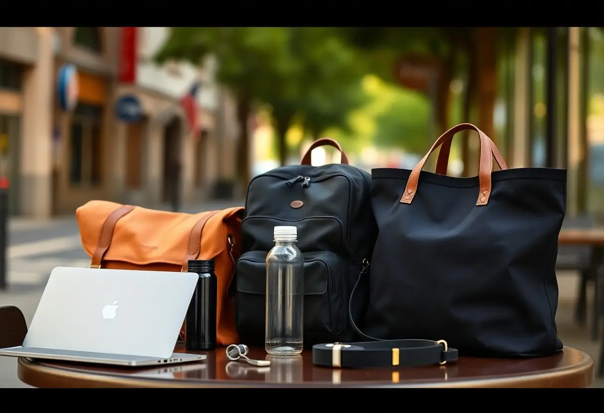 A table outdoors holds a laptop, two water bottles, earphones, a wristwatch, and three different bags: a leather messenger, a black backpack, and a black tote.