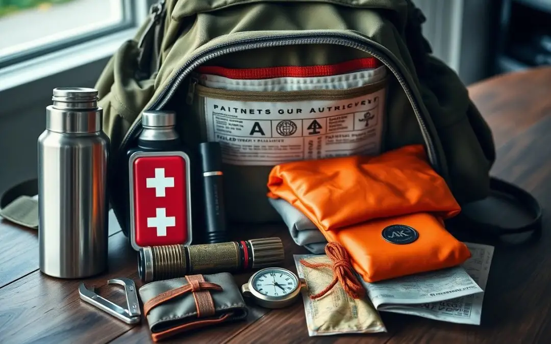 An open backpack on a table with survival gear including a water bottle, first aid kit, compass, flashlight, rope, multitool, orange blanket, and packets of food.