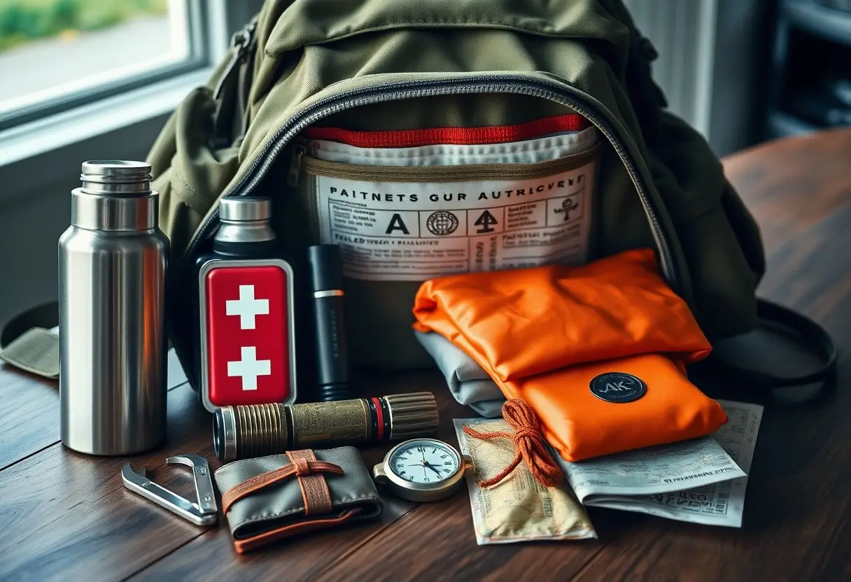 An open backpack on a table with survival gear including a water bottle, first aid kit, compass, flashlight, rope, multitool, orange blanket, and packets of food.