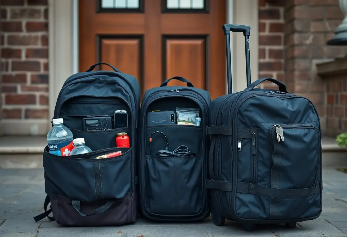 Three black travel bags, including two backpacks with organized compartments and a rolling suitcase, are placed on a stone porch in front of a wooden door.